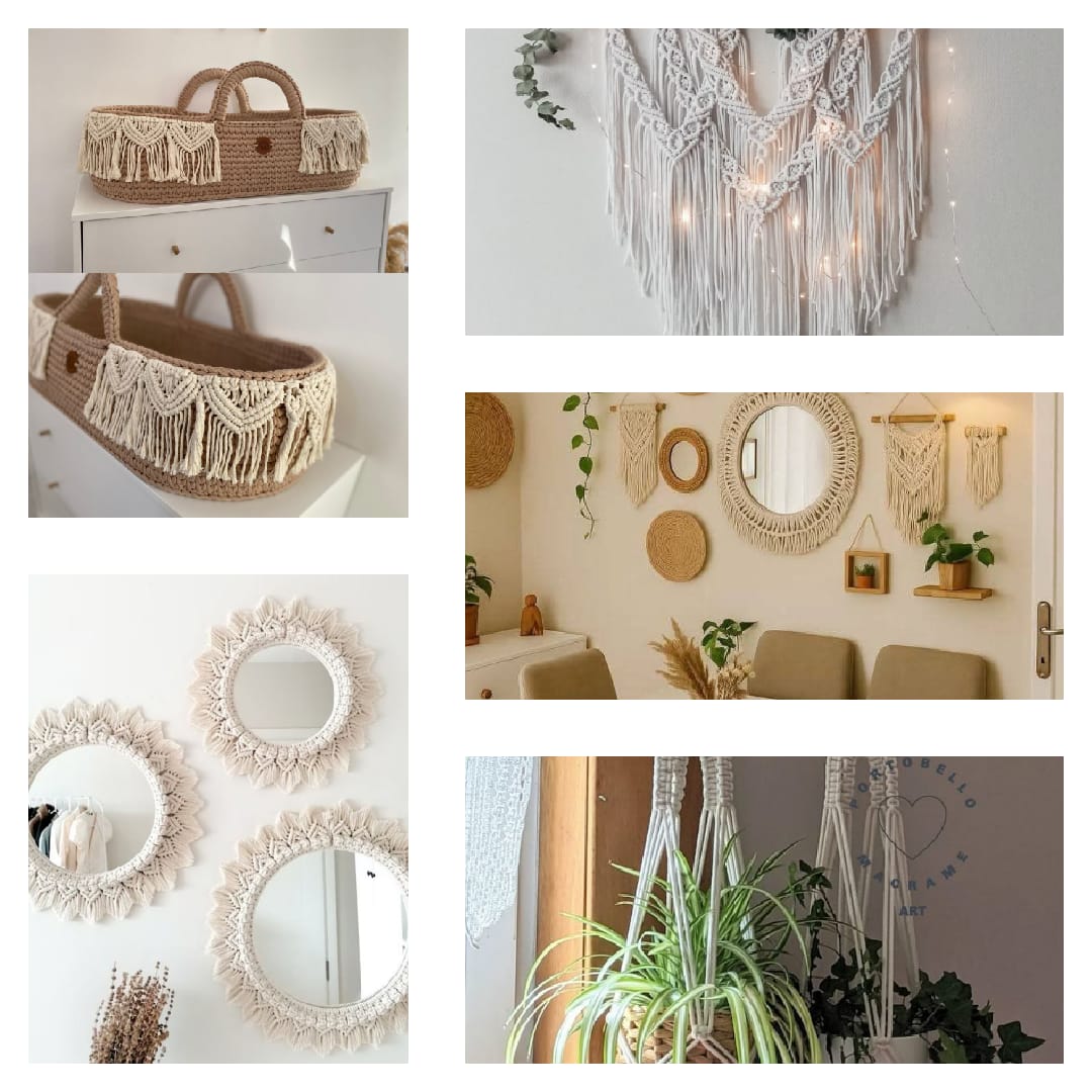 Macrame home decor is showcased in this collage, featuring a fringed moses basket, wall hangings with lights, mirror frames and plant hangings for indoor greenery.